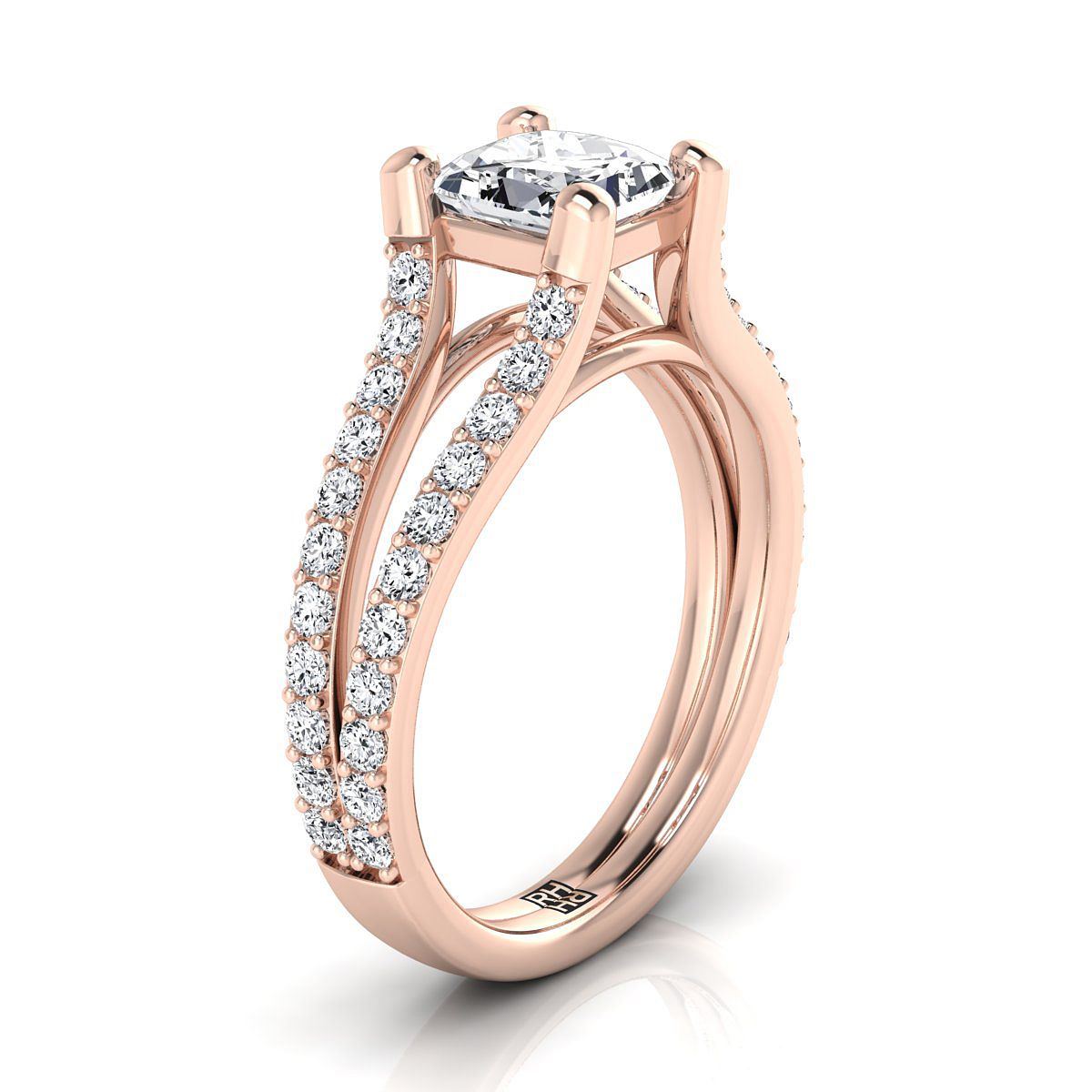 Split Shank Pavé Princess, in 14K Rose Gold – side profile | RockHer
