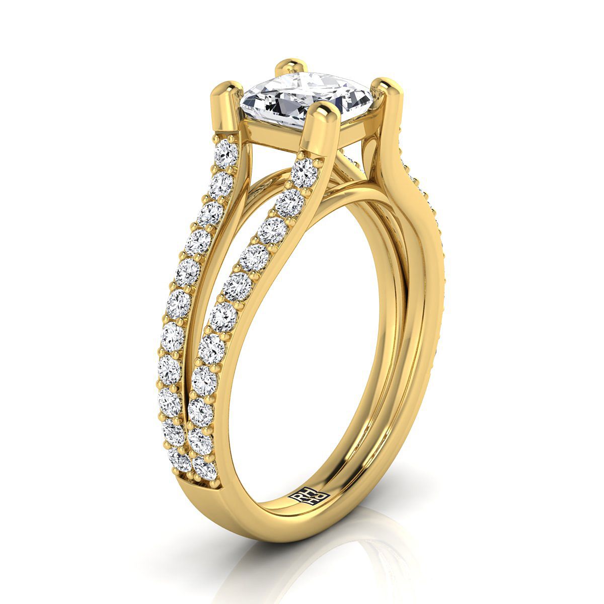 Split Shank Pavé Princess, in 18K Yellow Gold – side profile | RockHer