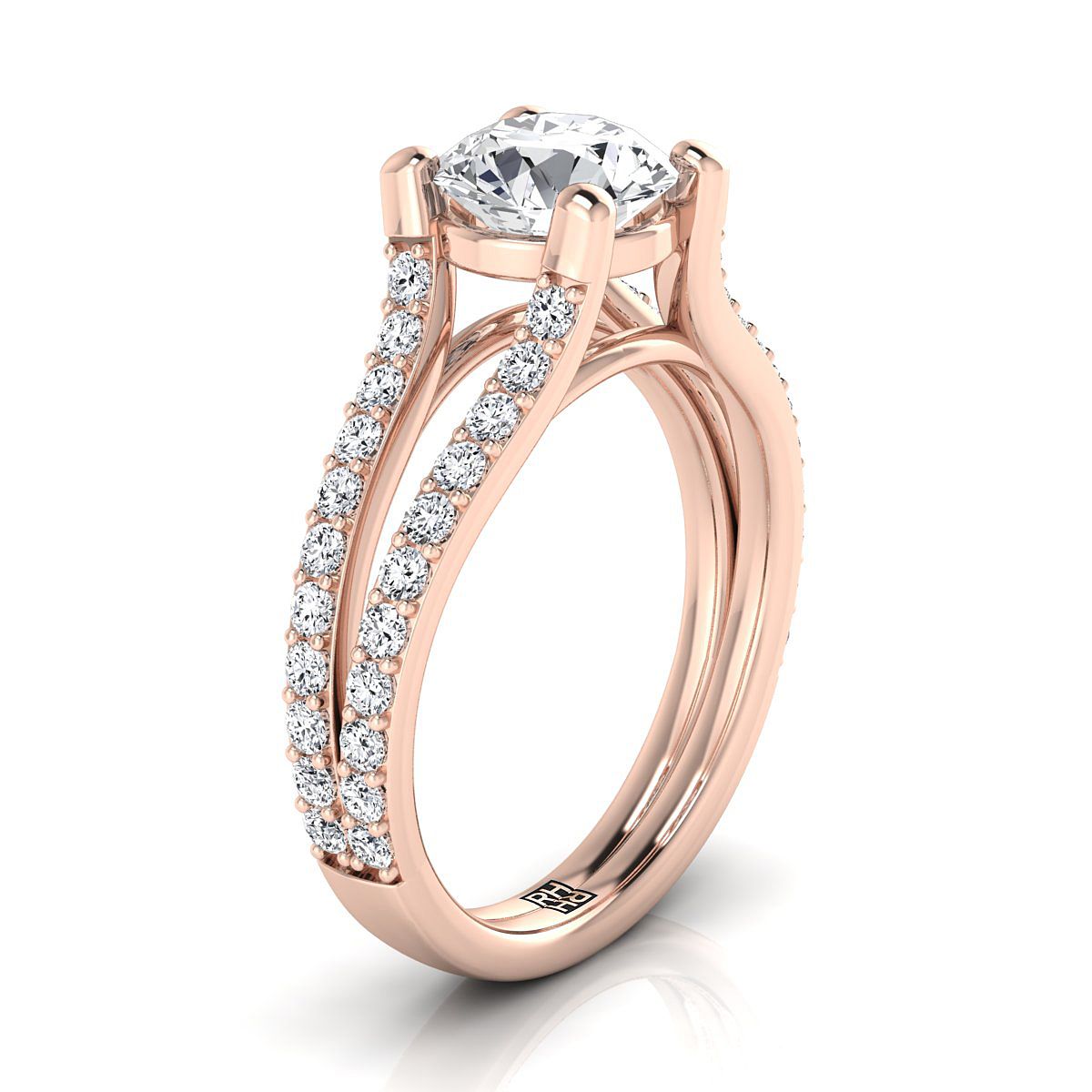 Round Brilliant, Split Shank Pavé, in 14K Rose Gold – side profile | RockHer