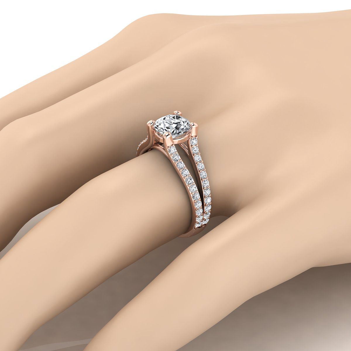 Round Brilliant, Split Shank Pavé, in 14K Rose Gold – detail view | RockHer