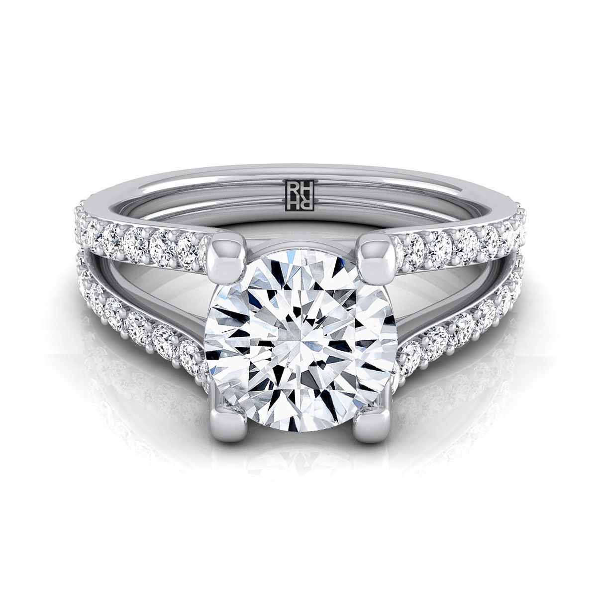 Round Brilliant, Split Shank Pavé, in 18K White Gold | RockHer