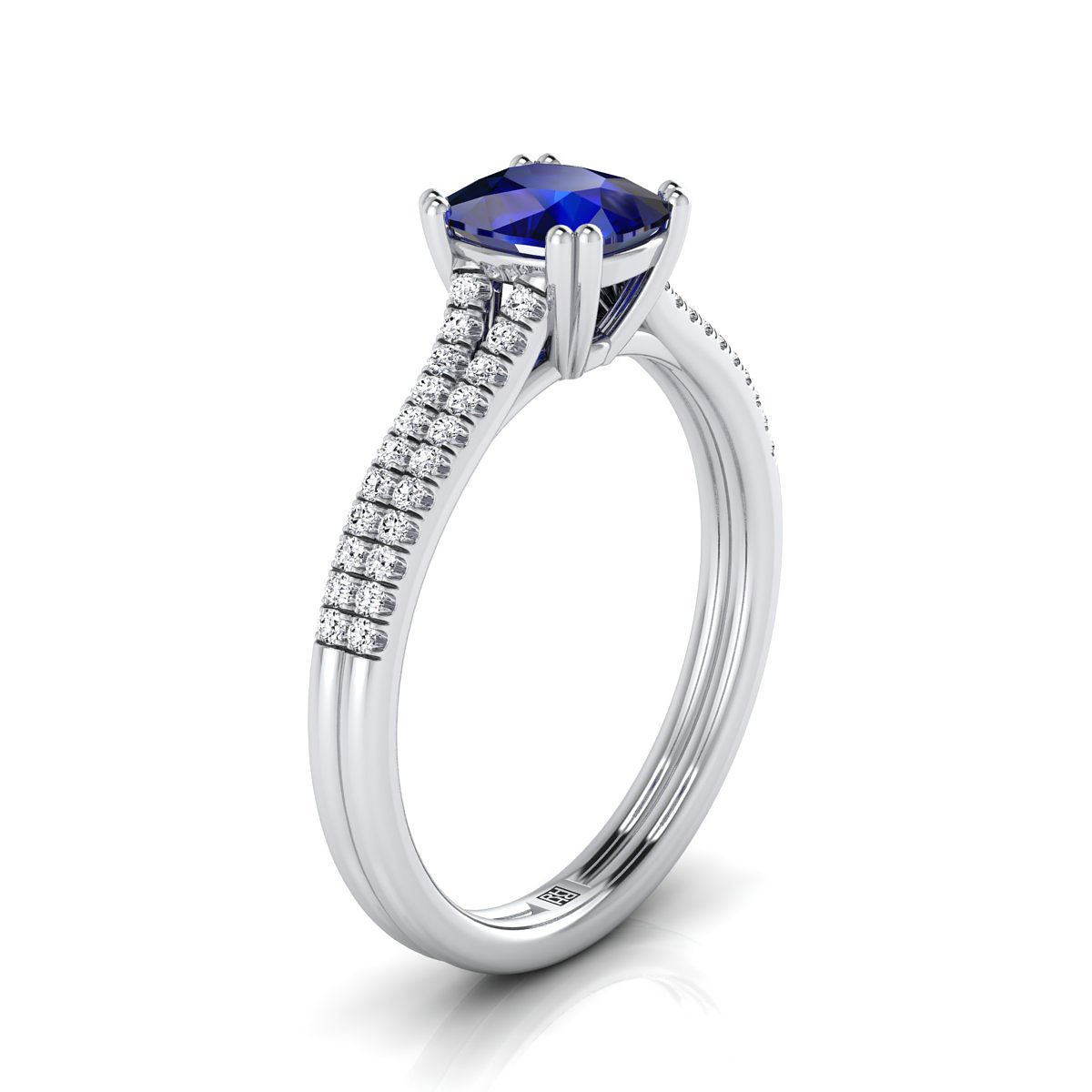 แหวนหมั้นเพชรฝรั่งเศสแบบฝังเพชรสองแถวสองกรงเล็บ ทองคำขาว 14K ทรงหมอนประดับแซฟไฟร์