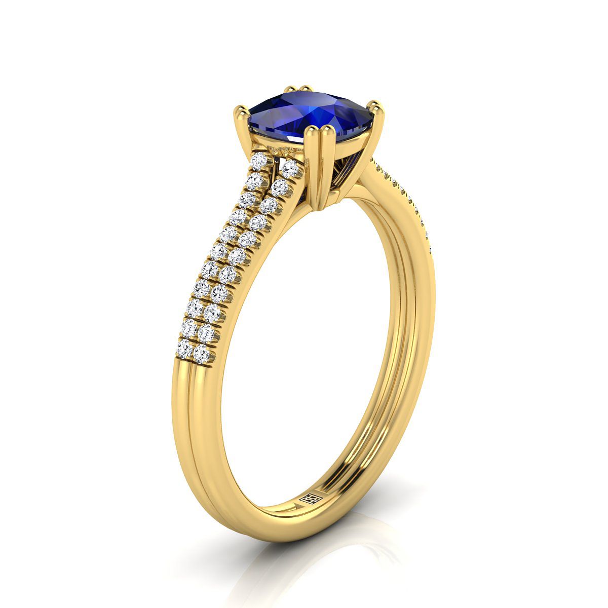 แหวนหมั้นเพชรฝรั่งเศสแบบฝังเพชรสองแถวสองกรงเล็บ ทองคำเหลือง 14K ทรงหมอนประดับแซฟไฟร์ -1/6ctw