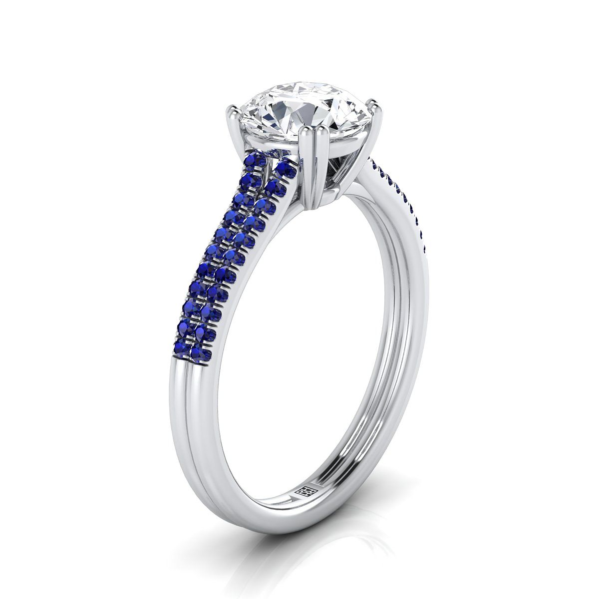 18K White Gold Round Brilliant  Double Row Double Prong French Pave Diamond Engagement Ring