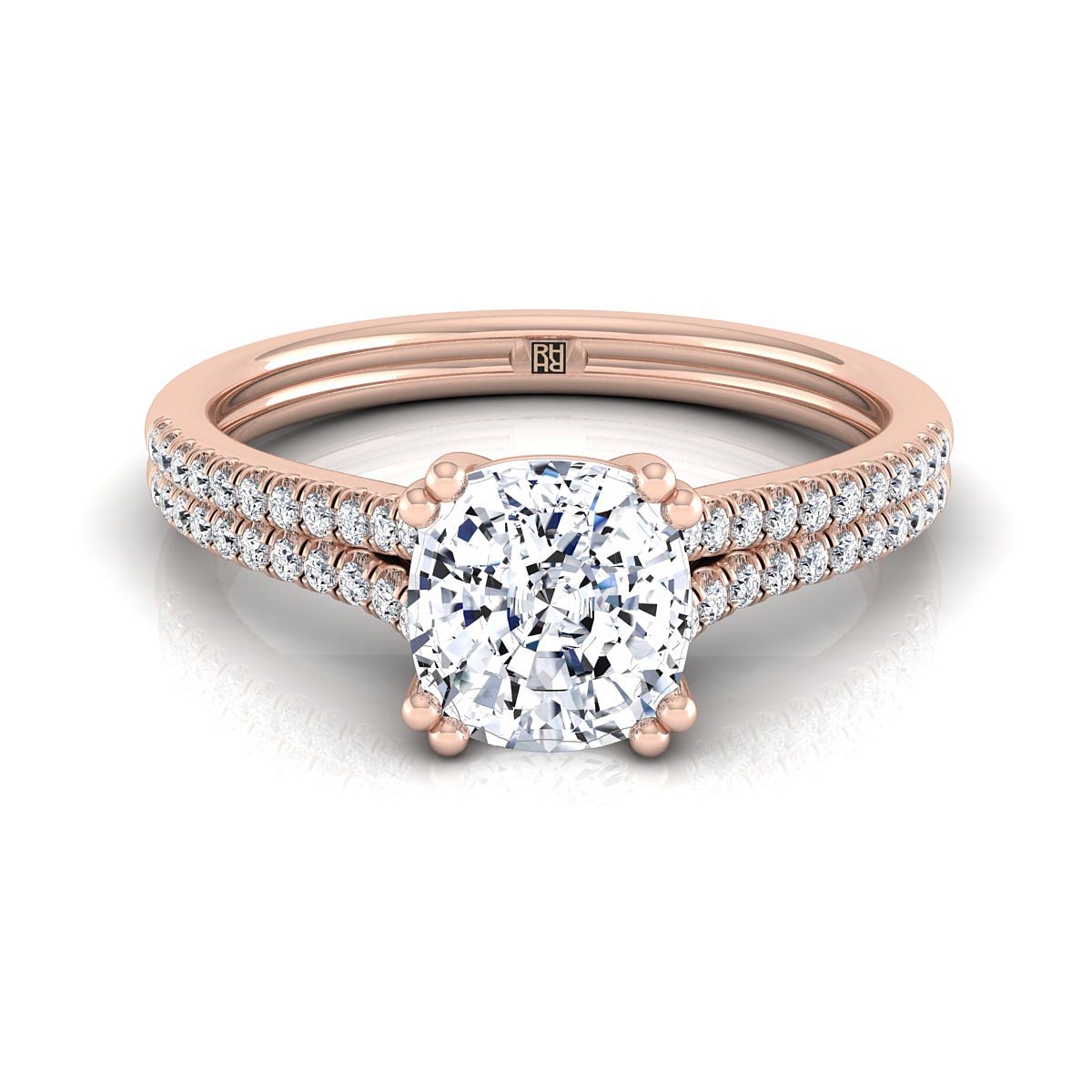 Double Row Double Prong French Pavé Cushion, in 14K Rose Gold, pave setting | RockHer