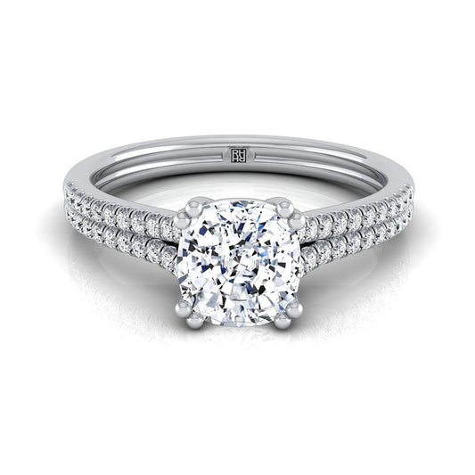 Double Row Double Prong French Pavé Cushion, in 18K White Gold, pave setting | RockHer