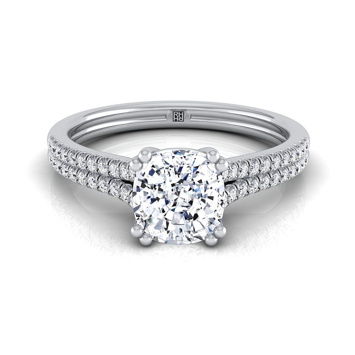 แหวนหมั้นเพชรฝรั่งเศสแบบปูด้วยเพชรสองแถวสองกรงเล็บ ทองคำขาว 14K ทรงหมอน - 1/6 กะรัตรวม