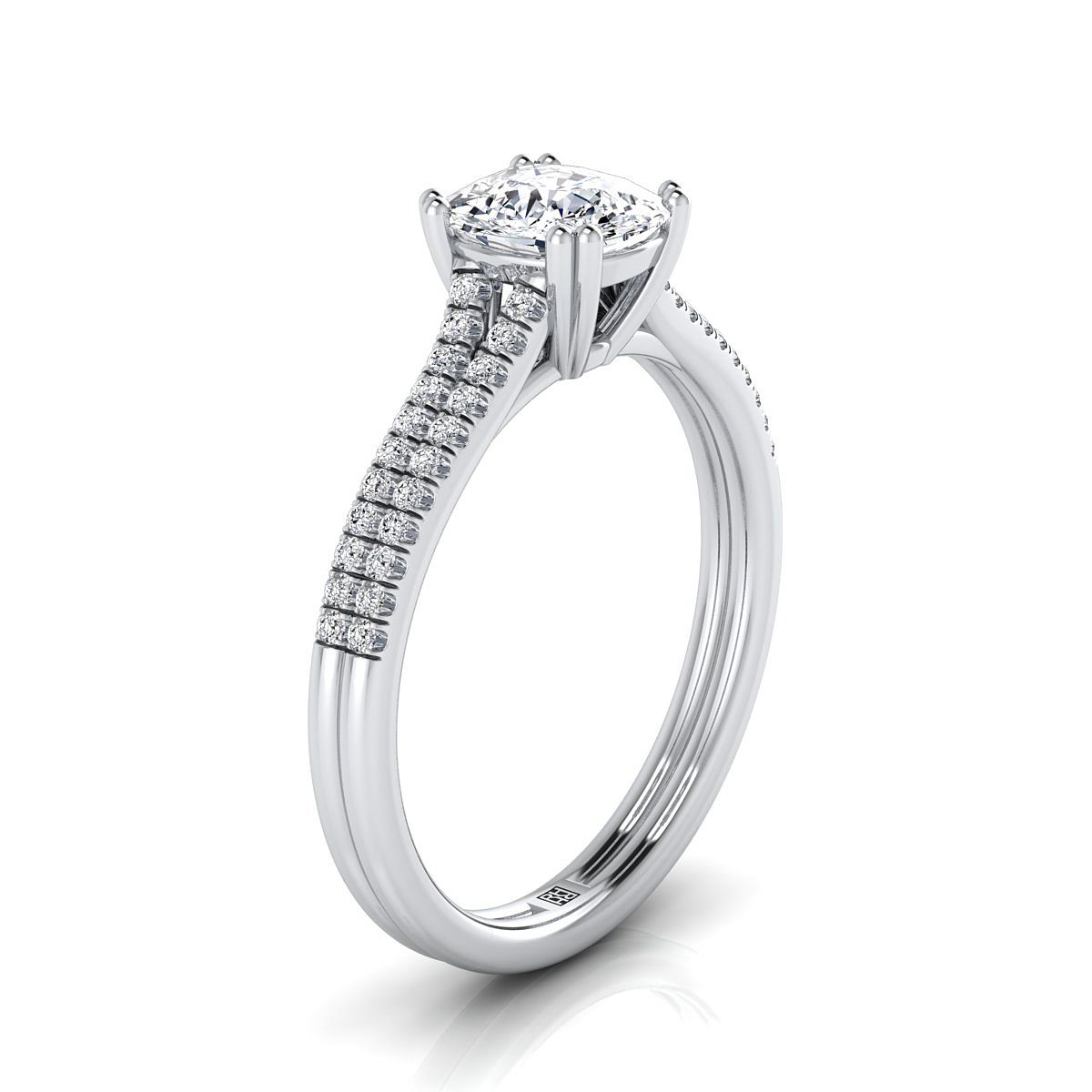 Double Row Double Prong French Pavé Cushion, in Platinum, pave setting – side profile | RockHer