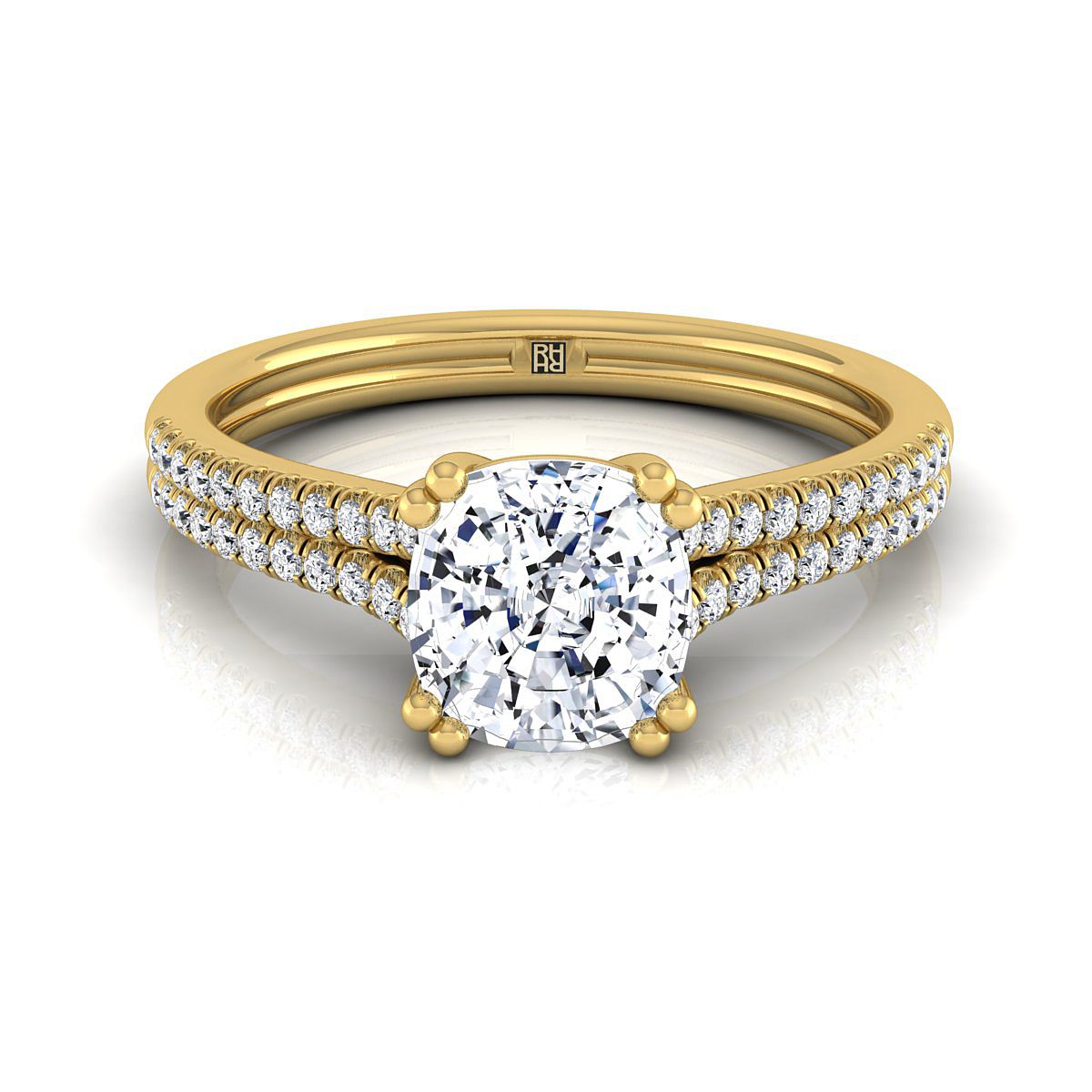 Double Row Double Prong French Pavé Cushion, in 18K Yellow Gold, pave setting | RockHer