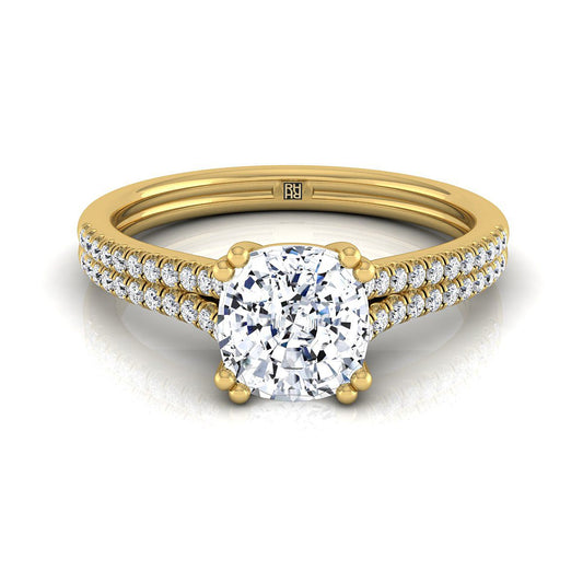 Double Row Double Prong French Pavé Cushion, in 18K Yellow Gold, pave setting | RockHer