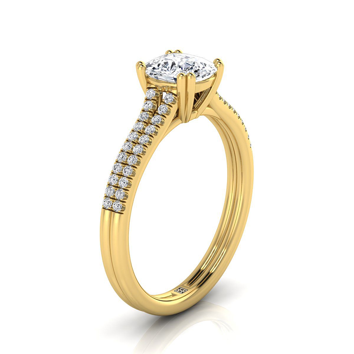 Double Row Double Prong French Pavé Cushion, in 18K Yellow Gold, pave setting – side profile | RockHer