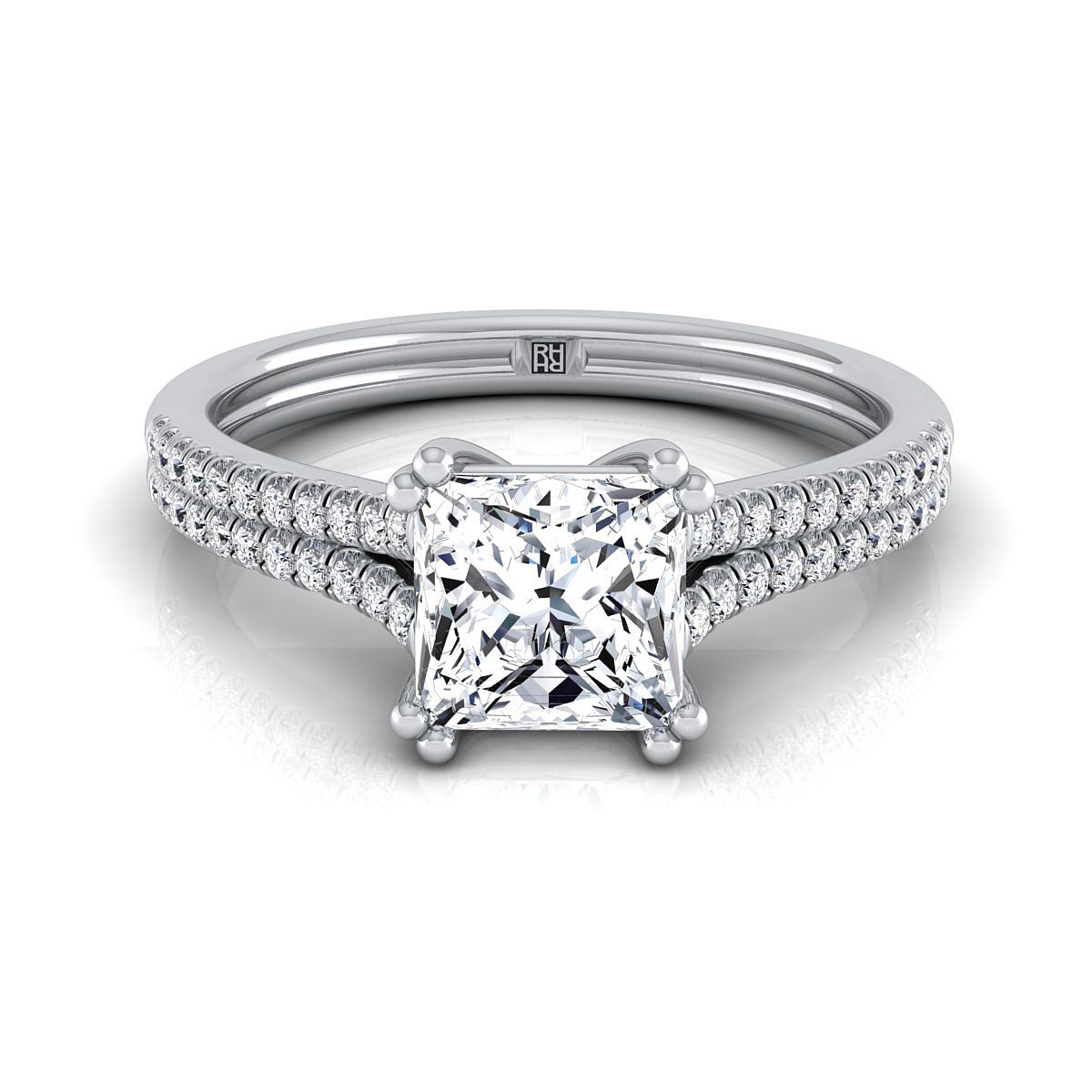 Double Row Double Prong French Pavé Princess, in 18K White Gold, pave setting | RockHer
