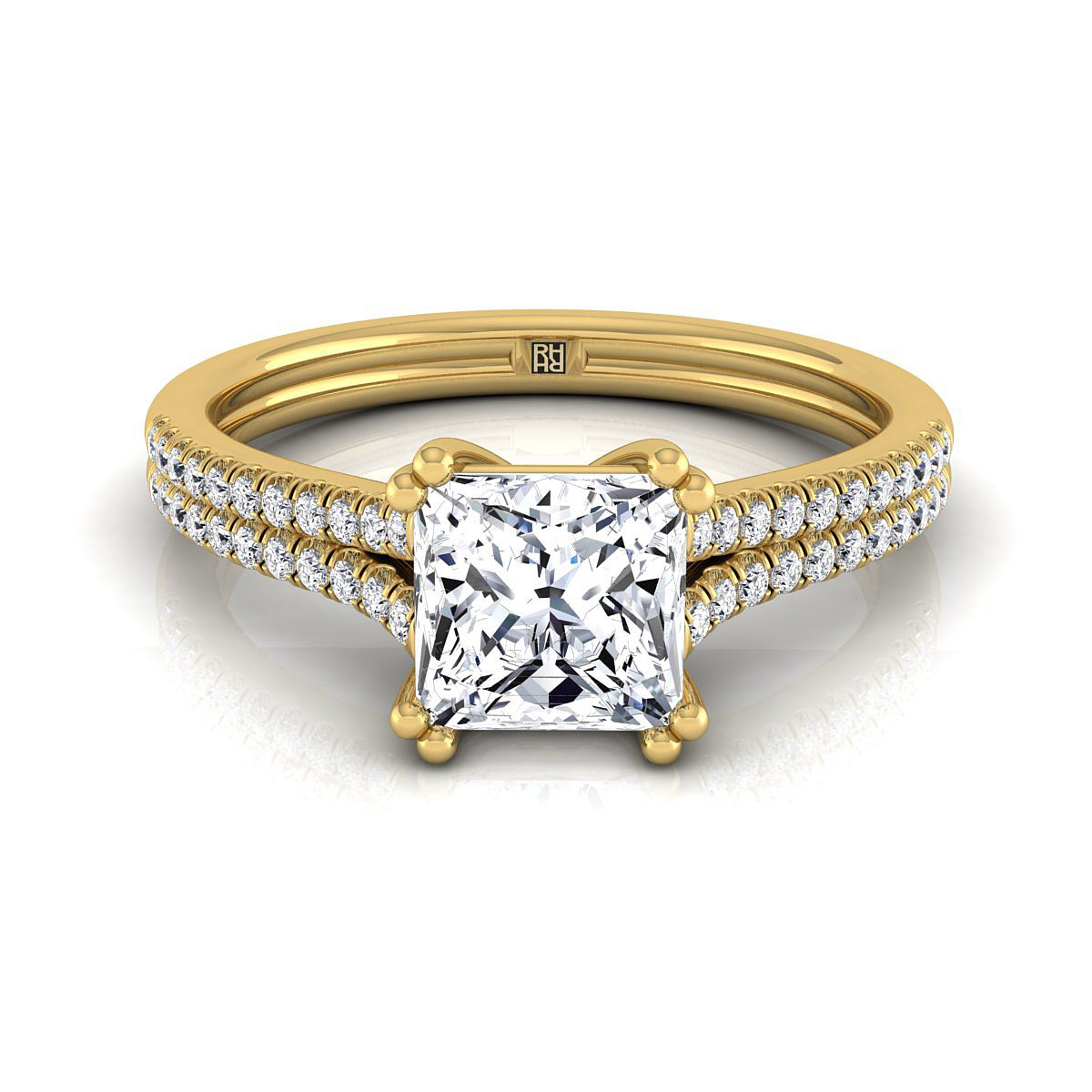 18K Yellow Gold Princess Cut Diamond Double Row Double Prong French Pave Engagement Ring -1/6ctw