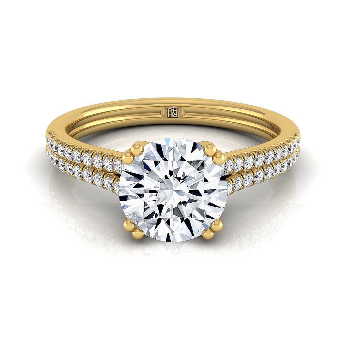14K Yellow Gold Round Brilliant Diamond Double Row Double Prong French Pave Engagement Ring -1/6ctw
