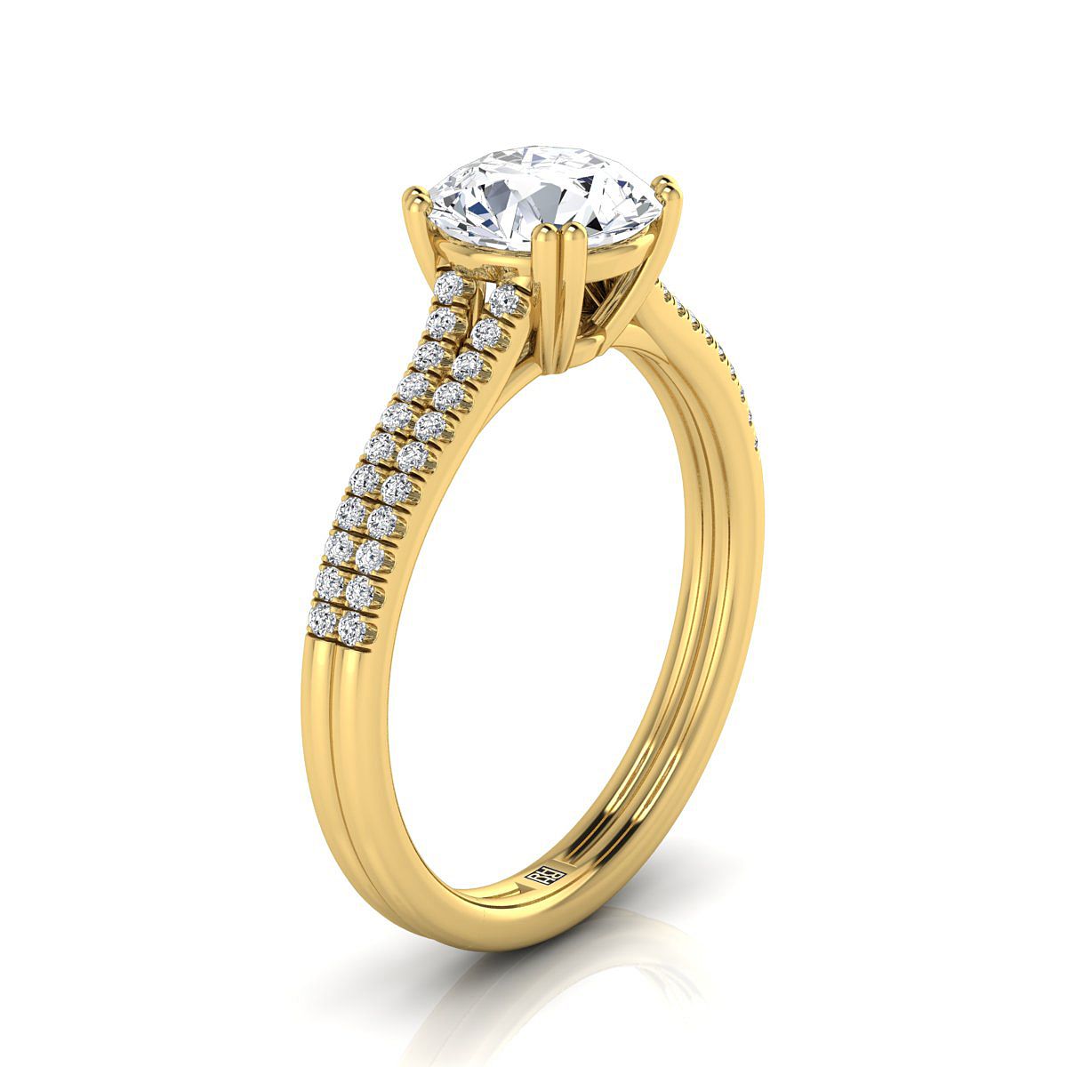 Round Brilliant, Double Row Double Prong French Pavé, in 18K Yellow Gold, pave setting – side profile | RockHer