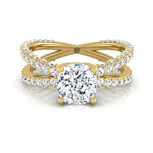 Criss Cross Open Pavé Cushion, in 18K Yellow Gold, pave setting | RockHer