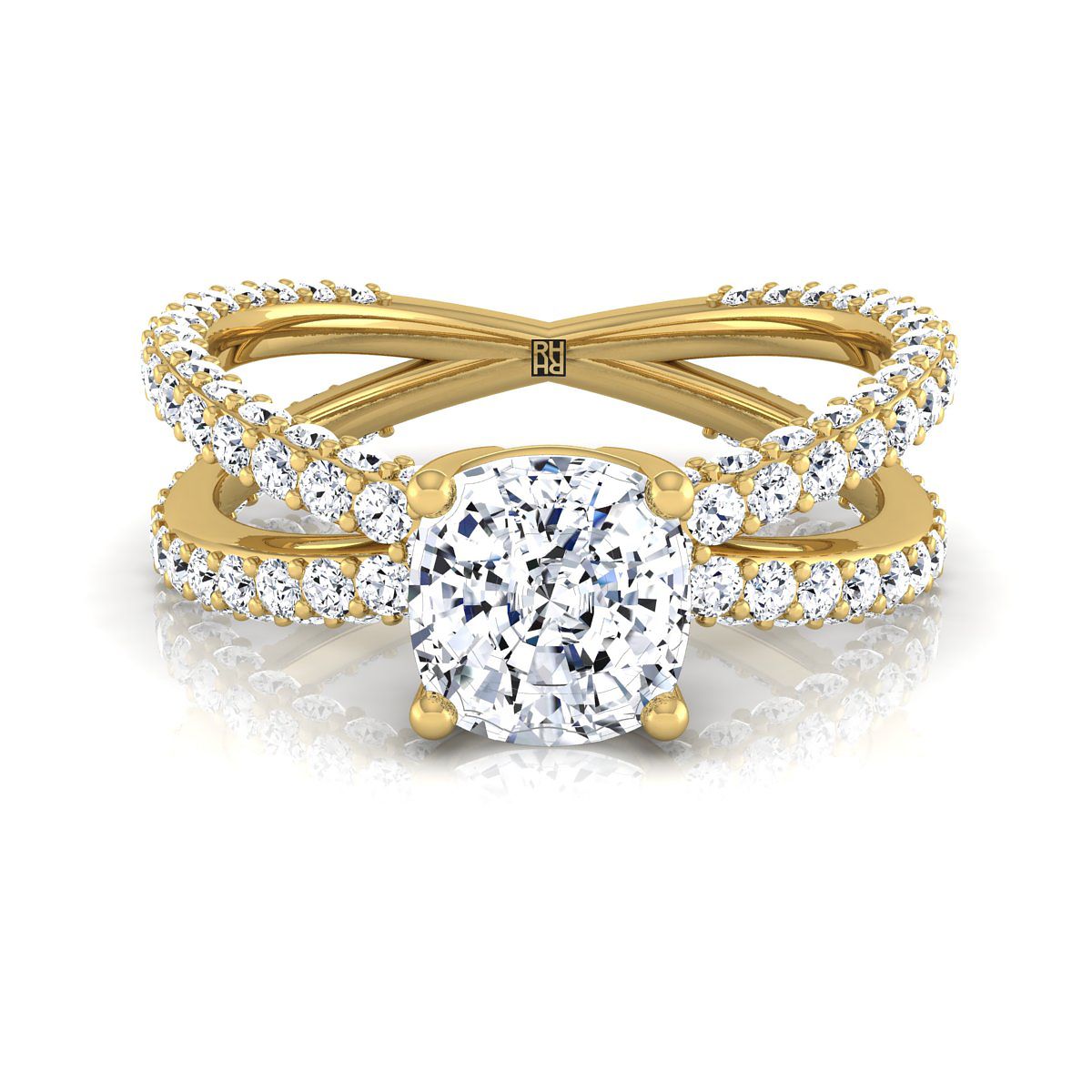 14K Yellow Gold Cushion Open Diamond Pave Criss Cross Engagement Ring -1-1/3ctw