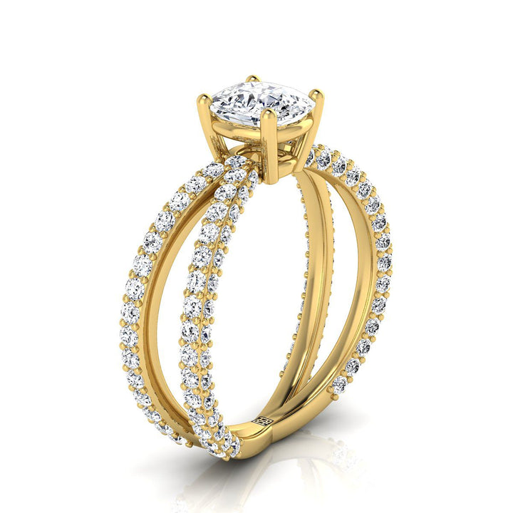 14K Yellow Gold Cushion Open Diamond Pave Criss Cross Engagement Ring -1-1/3ctw