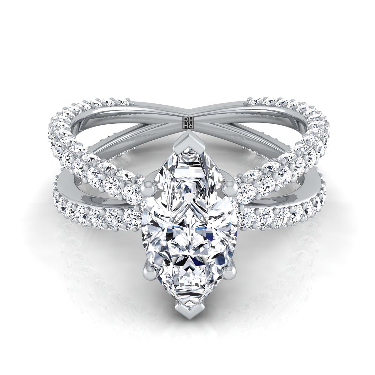 แหวนหมั้นเพชรแบบไข่ขาวทองขาว 18K ประดับเพชรแบบปาเว่ไขว้เปิด -1-1/3ctw