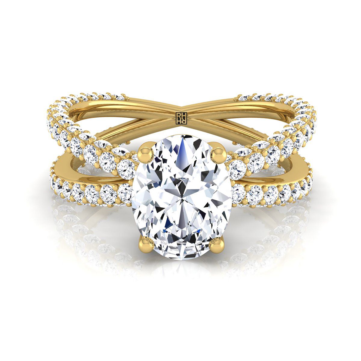 แหวนหมั้นทองคำเหลือง 18K รูปวงรี ประดับเพชรแบบเปิดและปาเว่ไขว้ -1-1/3ctw