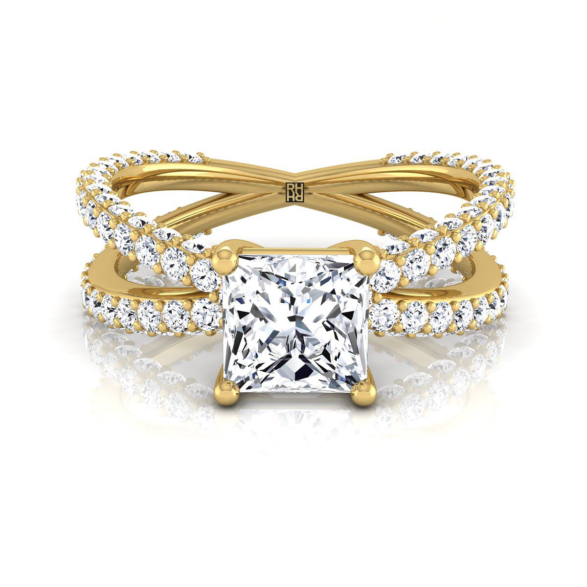 Criss Cross Open Pavé Princess, in 18K Yellow Gold, pave setting | RockHer
