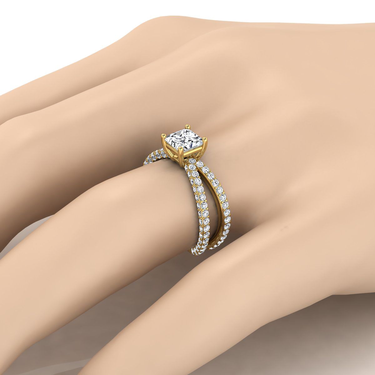 Criss Cross Open Pavé Princess, in 18K Yellow Gold, pave setting – detail view | RockHer