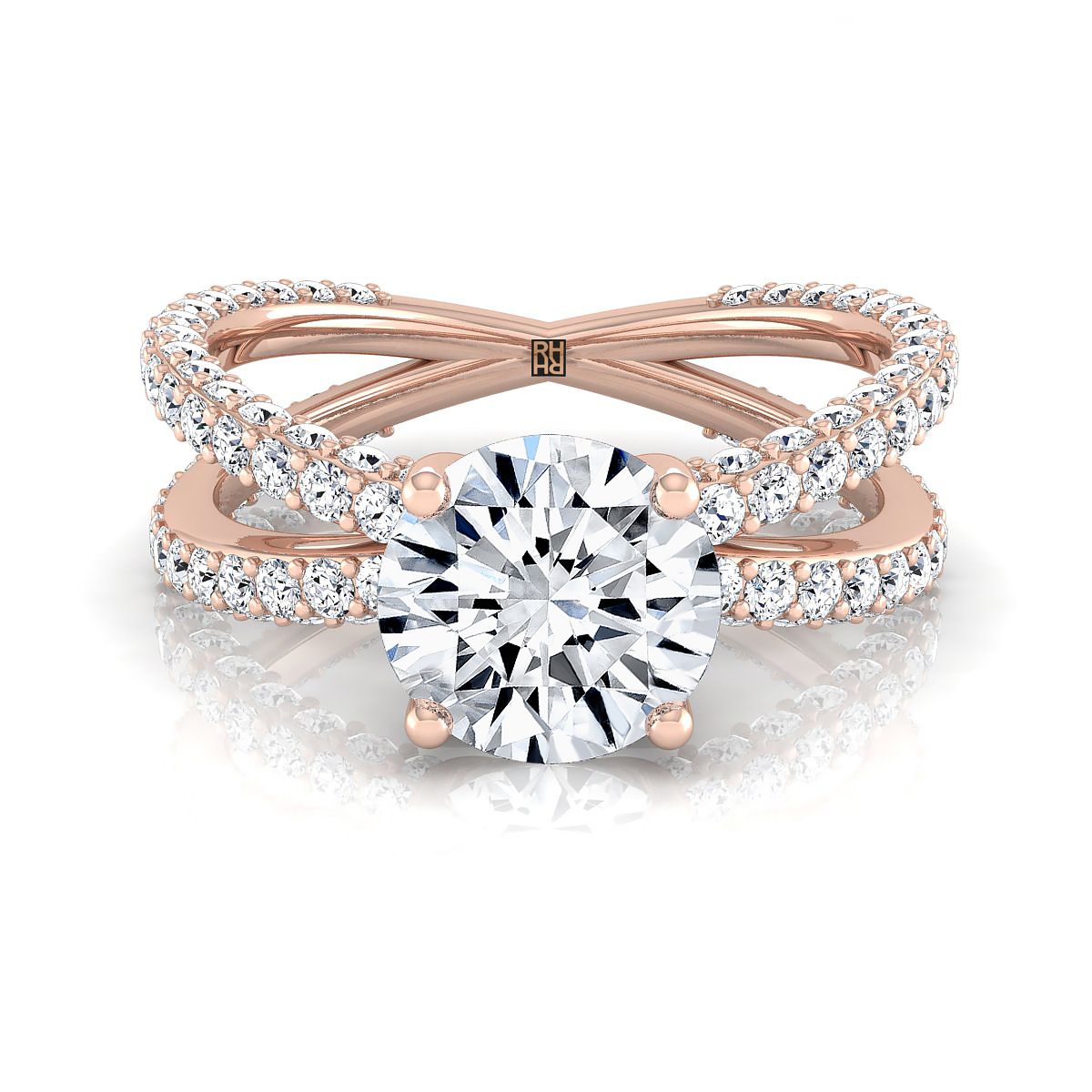 แหวนหมั้นโรสโกลด์ 14K ทรงกลมเจียระไนแบบ Brilliant ประดับเพชรแบบเปิดและเพชรปาเว่ไขว้ -1-1/3ctw