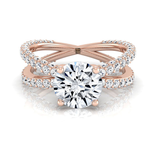 แหวนหมั้นโรสโกลด์ 14K ทรงกลมเจียระไนแบบ Brilliant ประดับเพชรแบบเปิดและเพชรปาเว่ไขว้ -1-1/3ctw