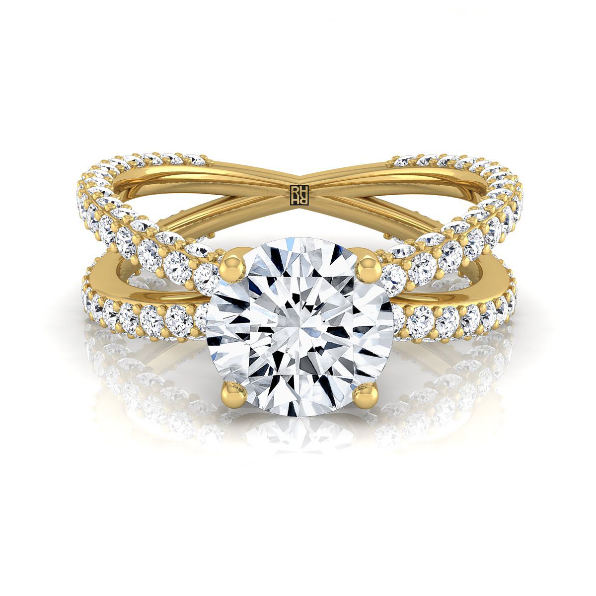 Round Brilliant, Criss Cross Open Pavé, in 18K Yellow Gold, pave setting | RockHer