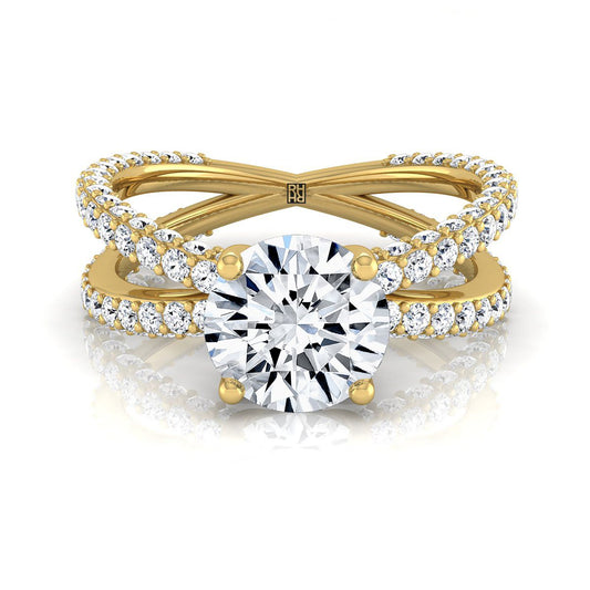 Round Brilliant, Criss Cross Open Pavé, in 18K Yellow Gold, pave setting | RockHer
