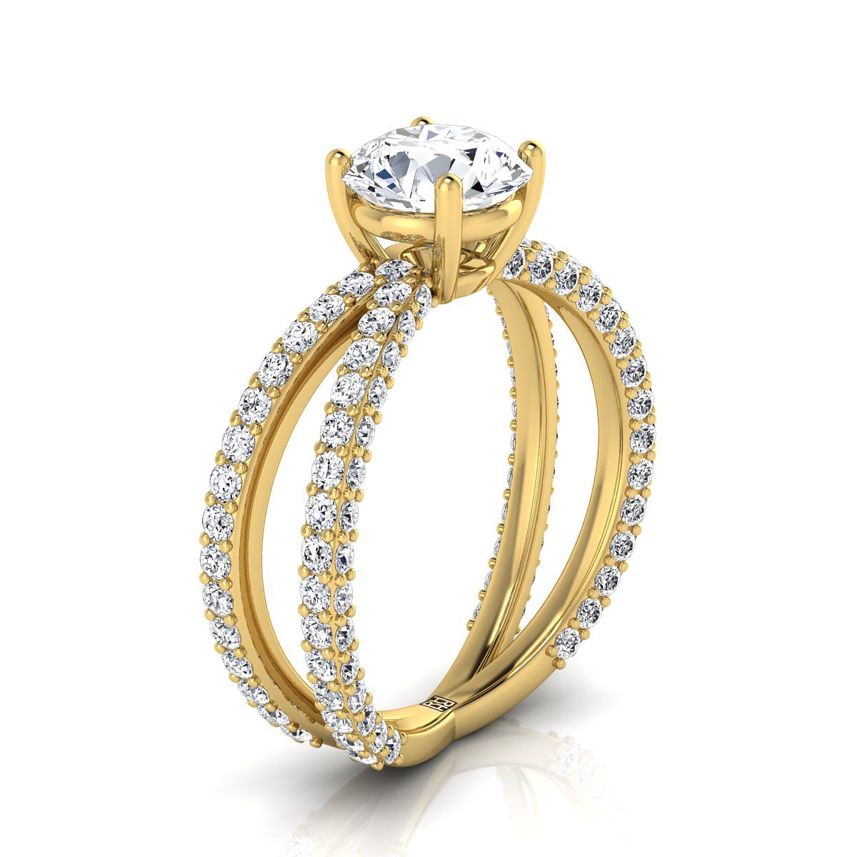 Round Brilliant, Criss Cross Open Pavé, in 18K Yellow Gold, pave setting – side profile | RockHer