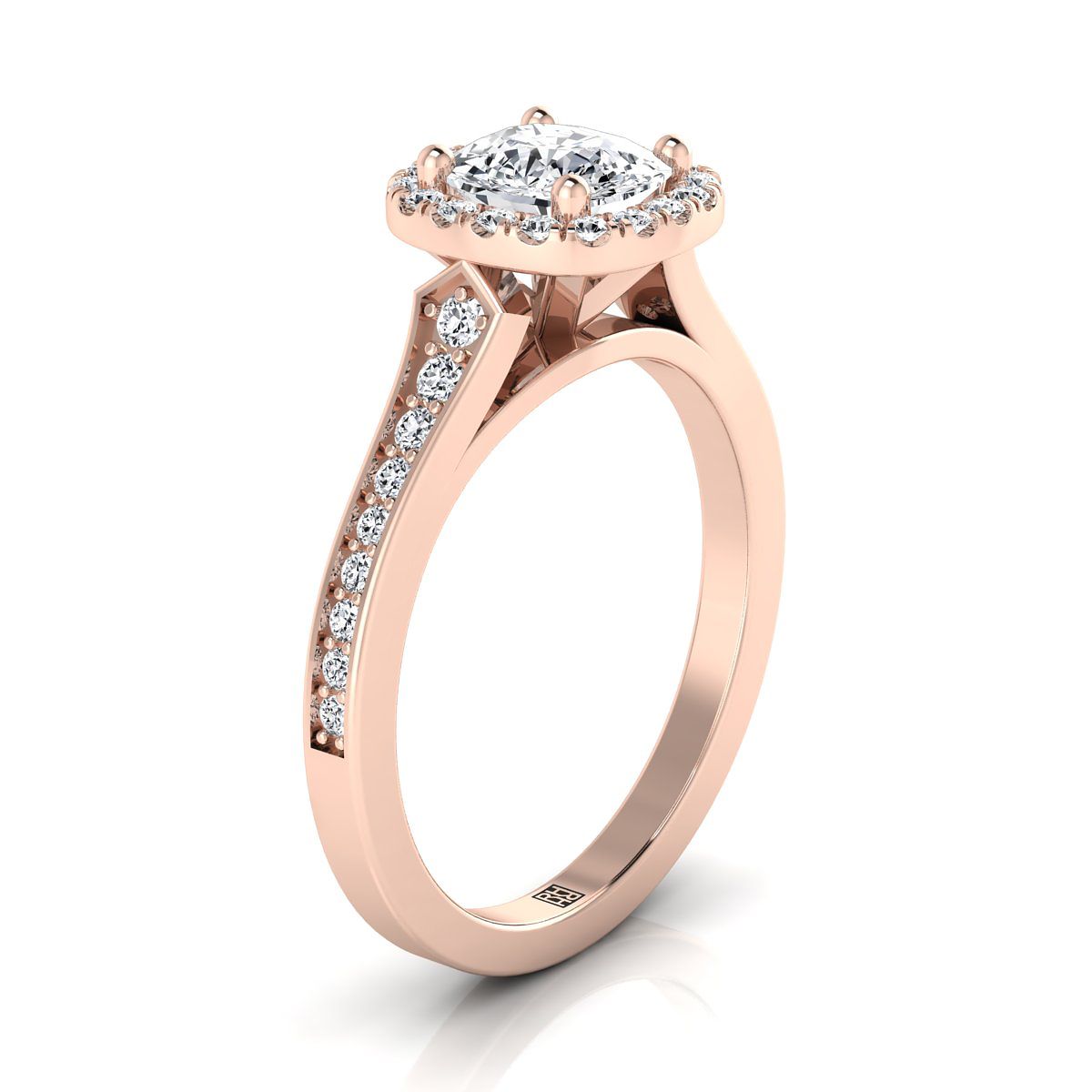 Channel Pavé Halo Cushion, in 14K Rose Gold, pave setting – side profile | RockHer