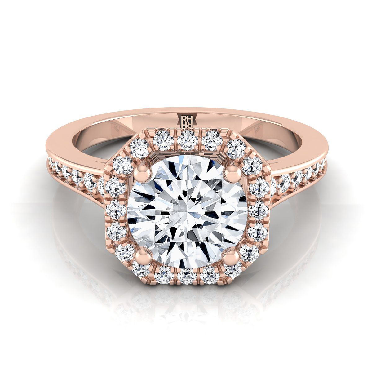 Round Brilliant, Channel Pavé Halo, in 14K Rose Gold, pave setting | RockHer