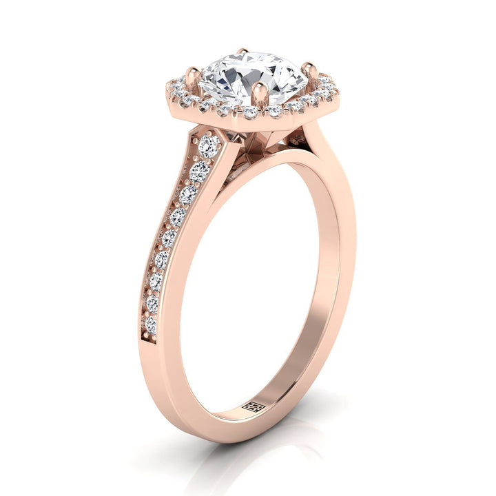 Round Brilliant, Channel Pavé Halo, in 14K Rose Gold, pave setting – side profile | RockHer