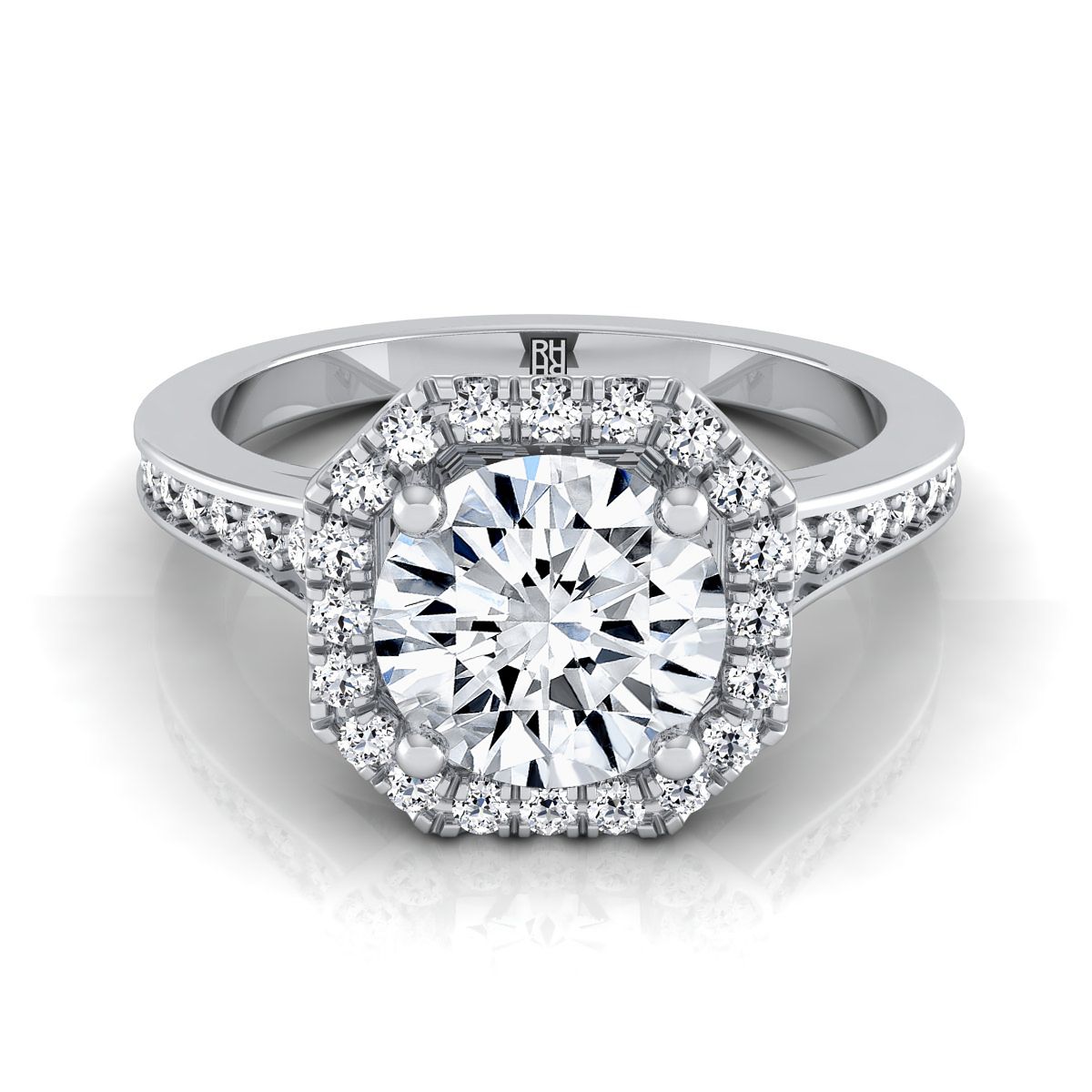Round Brilliant, Channel Pavé Halo, in 18K White Gold, pave setting | RockHer