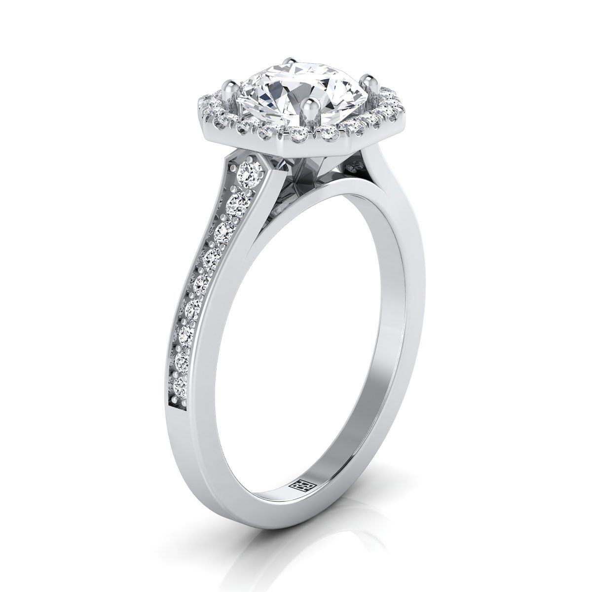 Round Brilliant, Channel Pavé Halo, in 18K White Gold, pave setting – side profile | RockHer