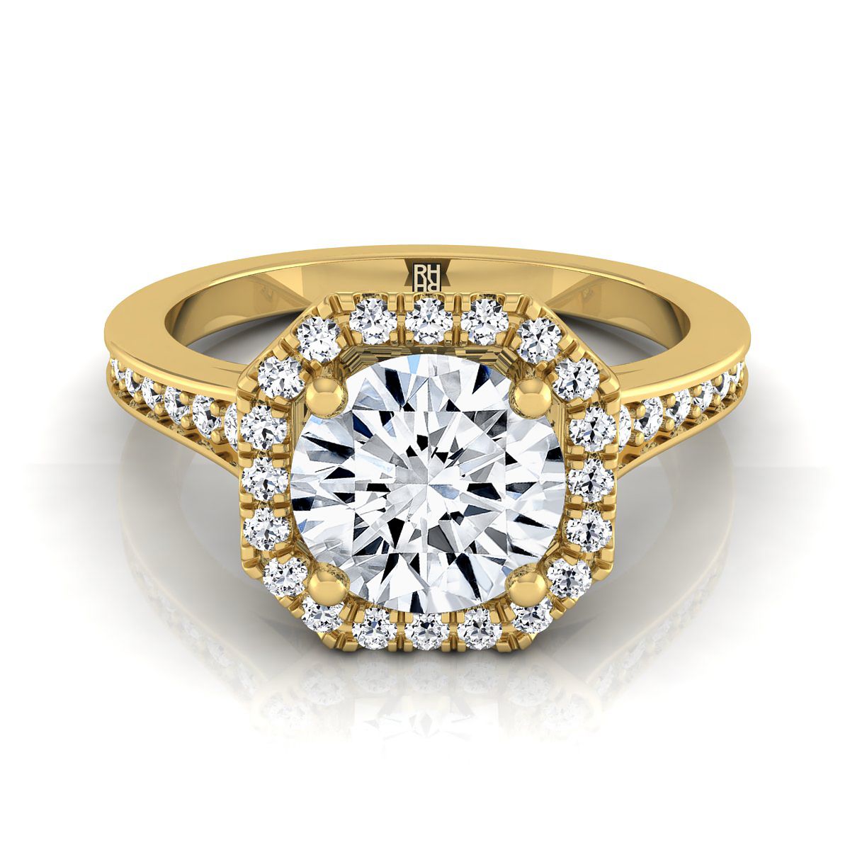 Round Brilliant, Channel Pavé Halo, in 18K Yellow Gold, pave setting | RockHer
