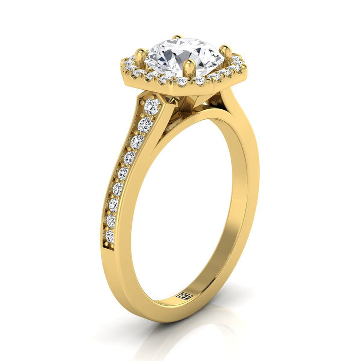 Round Brilliant, Channel Pavé Halo, in 18K Yellow Gold, pave setting – side profile | RockHer