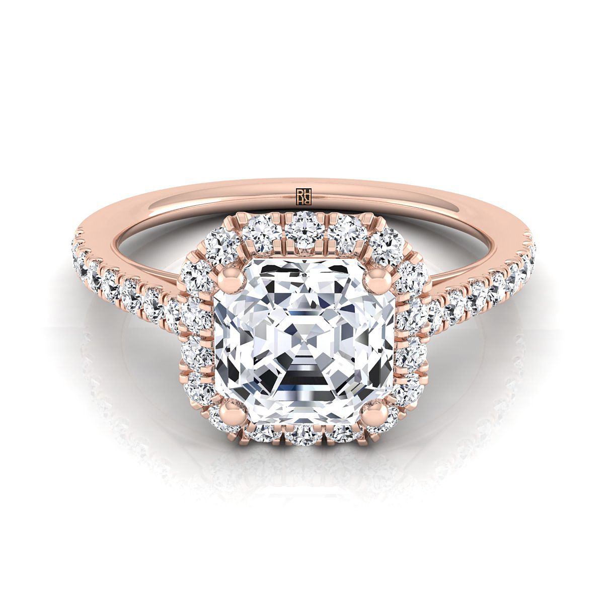 Petite French Pavé Halo Asscher, in 14K Rose Gold, pave setting | RockHer