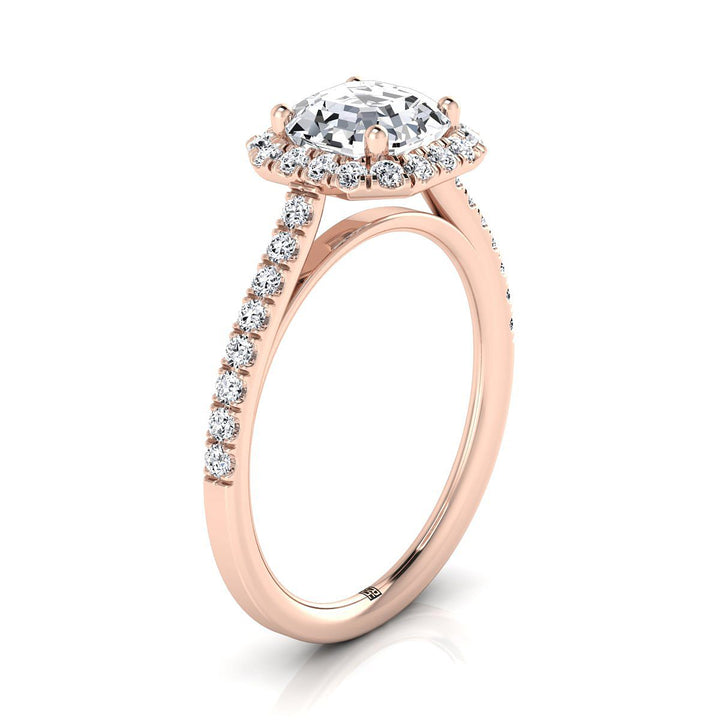 Petite French Pavé Halo Asscher, in 14K Rose Gold, pave setting – side profile | RockHer