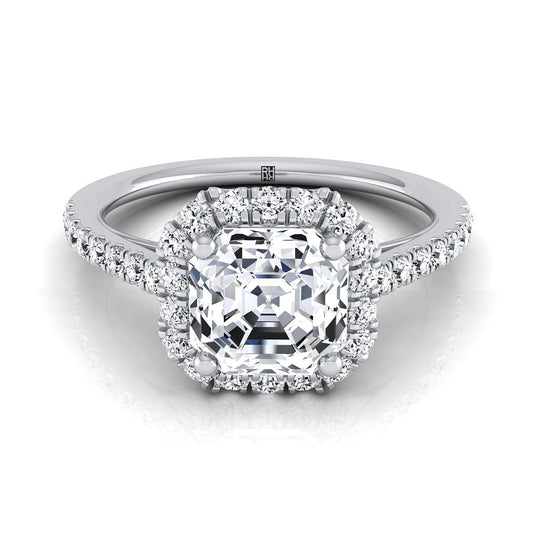 Petite French Pavé Halo Asscher, in 18K White Gold, pave setting | RockHer