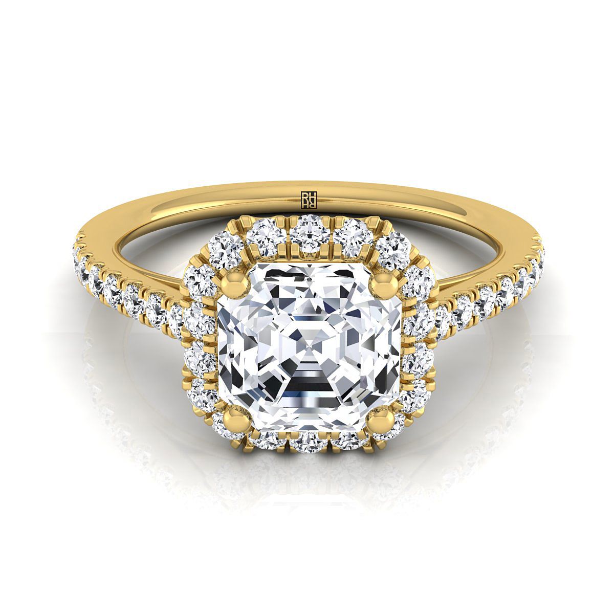 Petite French Pavé Halo Asscher, in 18K Yellow Gold, pave setting | RockHer