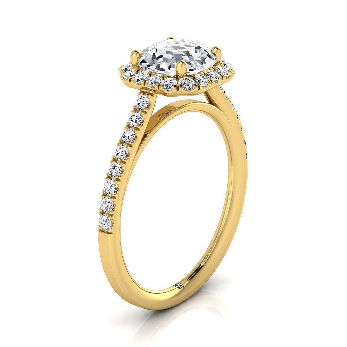 Petite French Pavé Halo Asscher, in 18K Yellow Gold, pave setting – side profile | RockHer