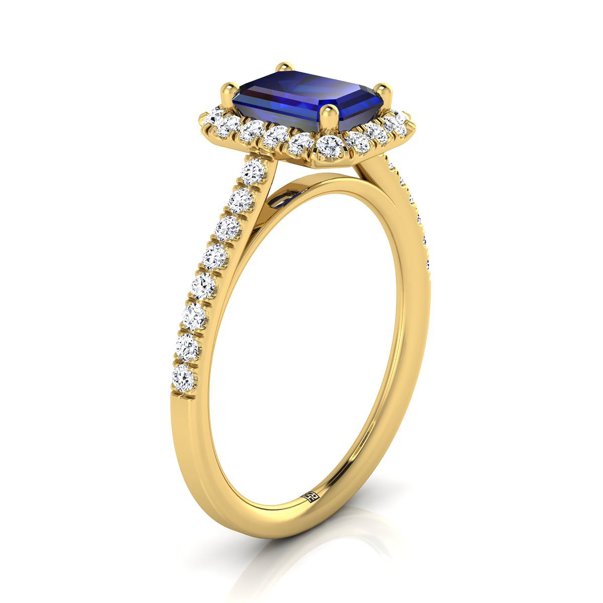 แหวนหมั้นทองคำเหลือง 14K ประดับแซฟไฟร์แบบวงแหวนเล็กพร้อมเพชรฝรั่งเศสแบบปาเว่ - 3/8 กะรัตรวม