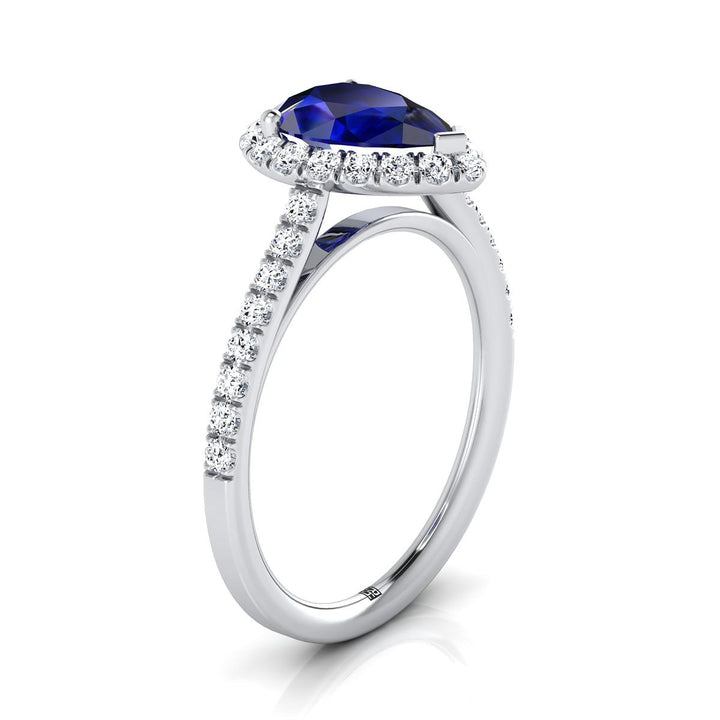 แหวนหมั้นเพชรฝรั่งเศสแบบพาเว่ทรงลูกแพร์กลางไพลินขนาดเล็ก 14K ทองคำขาว - 3/8ctw