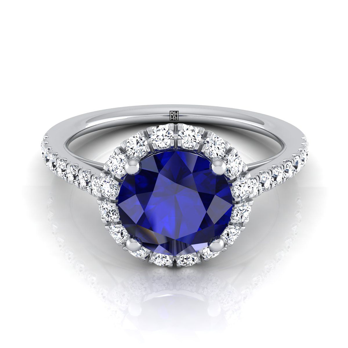14K White Gold Round Brilliant Sapphire Petite Halo French Diamond Pave Engagement Ring -3/8ctw