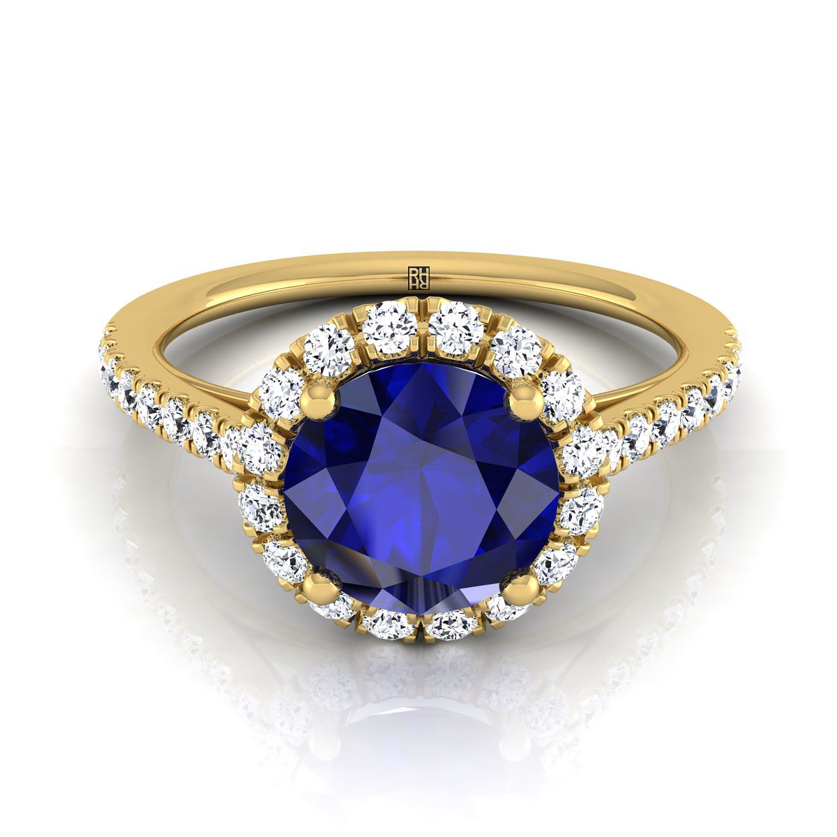 แหวนหมั้นเพชรฝรั่งเศสแบบปาเว่รูปทรงกลมเจียระไนแบบบริลเลียนต์สีเหลืองทอง 14K ประดับแซฟไฟร์ขนาดเล็กแบบฮาโล - 3/8ctw