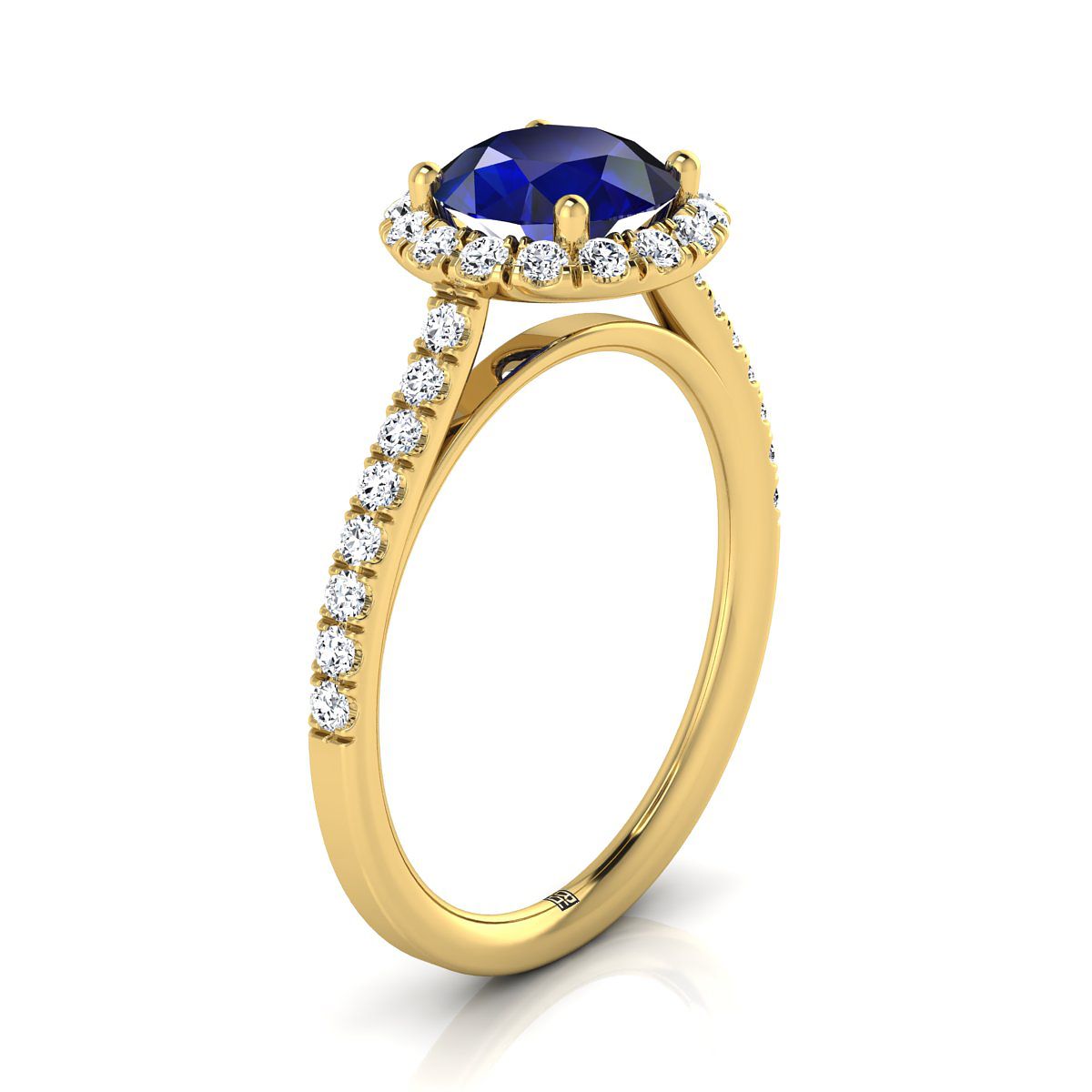 แหวนหมั้นเพชรฝรั่งเศสแบบปาเว่ทรงกลมประกายเจิดจ้ารอบเล็กประดับแซฟไฟร์ทองคำเหลือง 18K - 3/8ctw