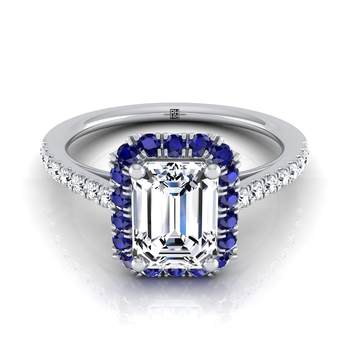 แหวนหมั้นทองคำขาว 14K แบบเพทายตัดทรงมรกต พร้อมเพชรฝรั่งเศสแบบฮาโลขนาดเล็ก ประมาณ 1/5 กะรัต