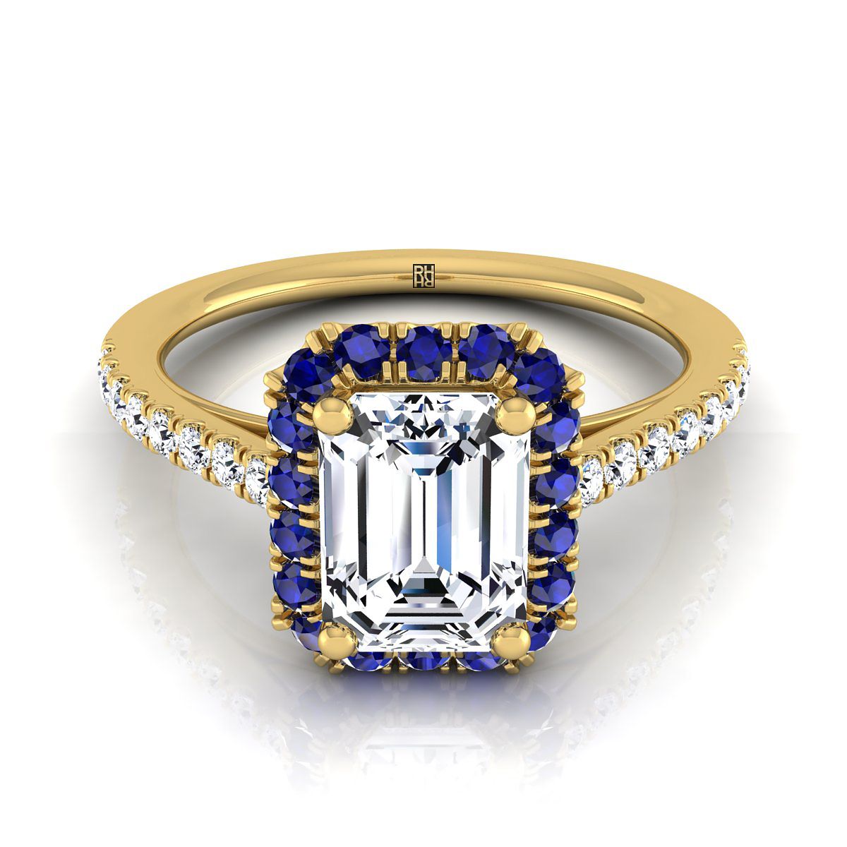 แหวนหมั้นทองคำเหลือง 14K แบบเพทายตัดทรงมรกต ประดับเพชรฝรั่งเศสแบบฮาโลขนาดเล็ก - 1/5 กะรัตรวม